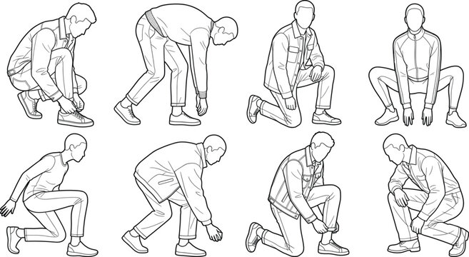 Minimalist Line Art Crouching and Kneeling Human Poses Vector Illustration Character Reference Set