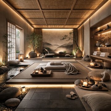 Luxury zen spa interior with candlelight natural decor and peaceful wellness retreat atmosphere design