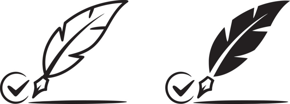 Quill pen writing with circle check mark symbols for document completion and verification in simple black and white