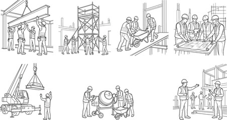 Obraz premium Construction Workers and Building Site Line Art Collection with Crane Scaffolding and Blueprint Planning