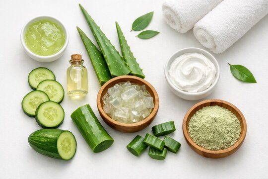 Natural skincare ingredients with aloe vera cucumber cream and gel arranged in clean spa setting