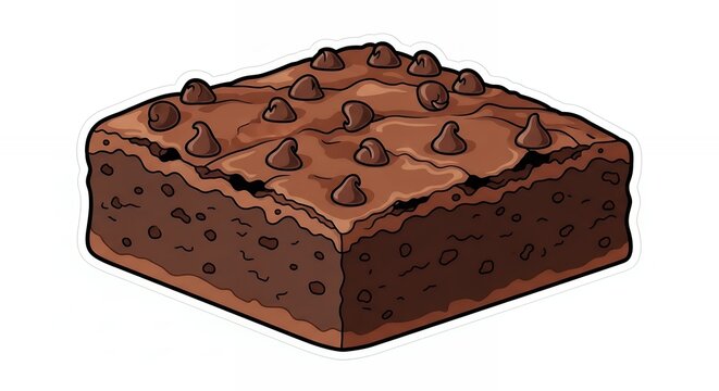 Delicious Homemade Chocolate Fudge Brownie Illustration with Chocolate Chips Topping Isolated on White Background