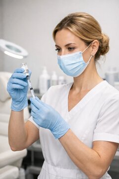 Medical specialist preparing injectable treatment in sterile cosmetic clinic environment with professional care