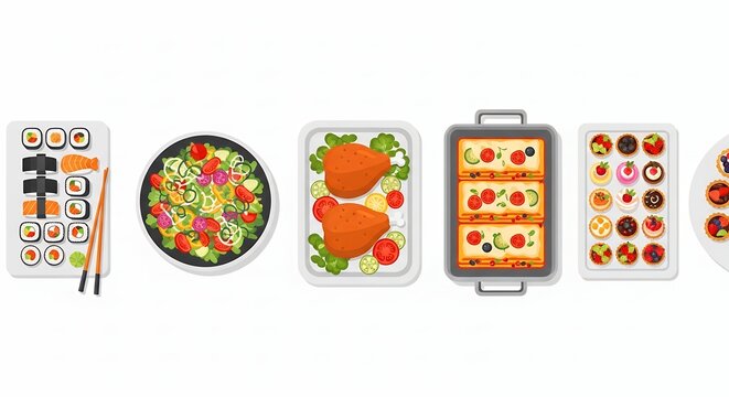 Assorted Delicious Food Dishes Including Sushi Salad Roast Chicken Lasagna and Sweet Tarts on White Background