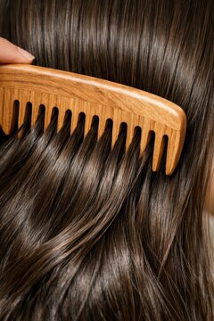 Wooden comb gliding through smooth healthy hair showing natural beauty care and shine