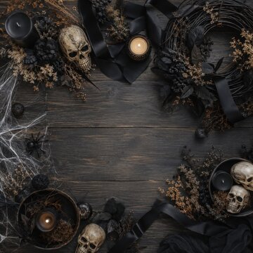 Dark Halloween flat lay with skull candles wreath and black decor on rustic wooden background