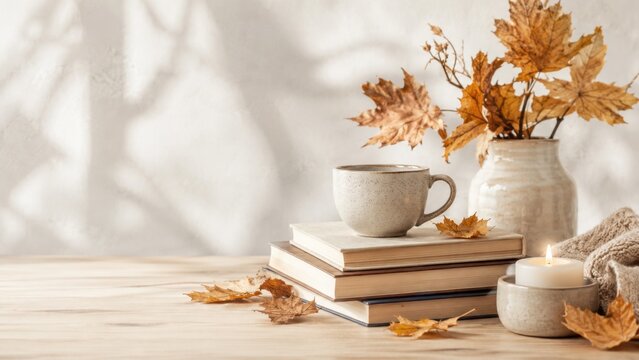 Cozy autumn still life with books coffee candle and dried leaves on wooden table with copy space