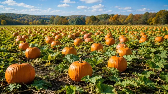 Large pumpkin field under blue sky with ripe autumn harvest in rural countryside landscape