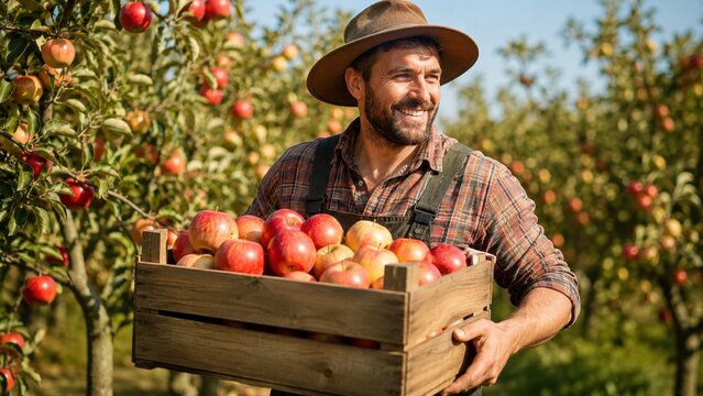 Smiling farmer carrying wooden crate with fresh apples during autumn harvest in orchard on sunny day
