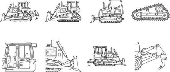 Crawler Bulldozer Line Art Collection with Dozer Components and Construction Equipment Vector Set © MstRezina