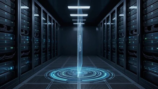 Padlock centered in tunnel of server racks symbolizing layered security