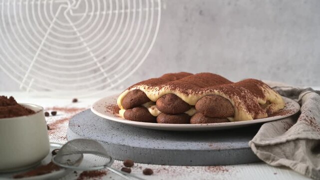 A close-up shot of traditional Italian tiramisu dusted with cocoa powder under soft side lighting, highlighting the creamy texture and layered sponge fingers on a rustic table