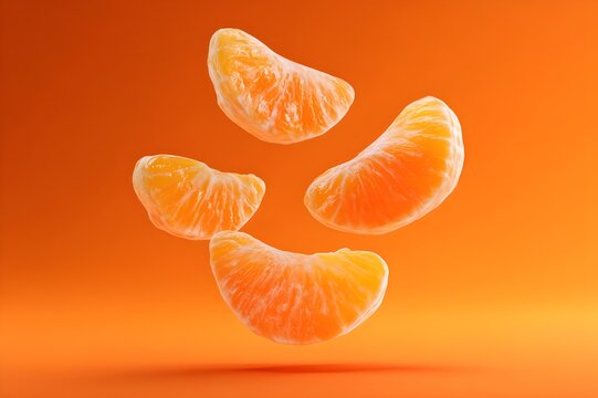 Tangerines floating in the air, orange background, soft studio lighting, realistic juicy texture, sharp focus, ultra detailed, high resolution, natural highlights and reflections on tangerine segments
