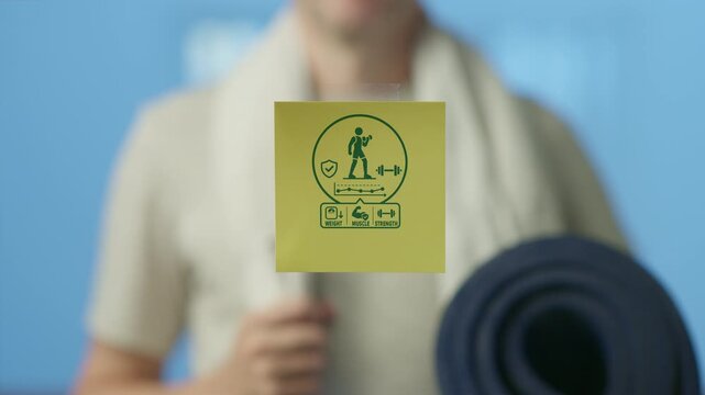 Fit person holding a yoga mat showing an infographic about the benefits of working out, such as weight loss, increased muscle mass, and improved physical strength against a blue background