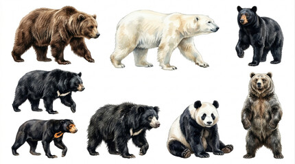 Obraz premium Collection of Diverse Wild Bear Species Featuring Grizzly Polar Panda and Black Bear Wildlife Illustrations