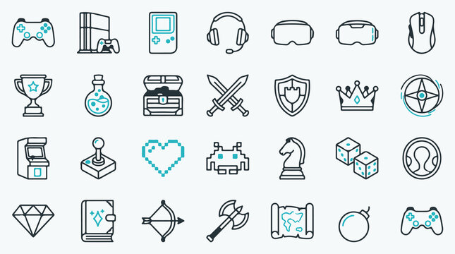Video game and gaming line icon set