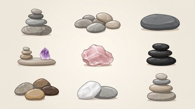 It includes multiple zen-like balancing stacks, a prominent rough chunk of pink rose quartz crystal, a smaller amethyst point, and several loose stone groupings, all presented on a light, calming beig