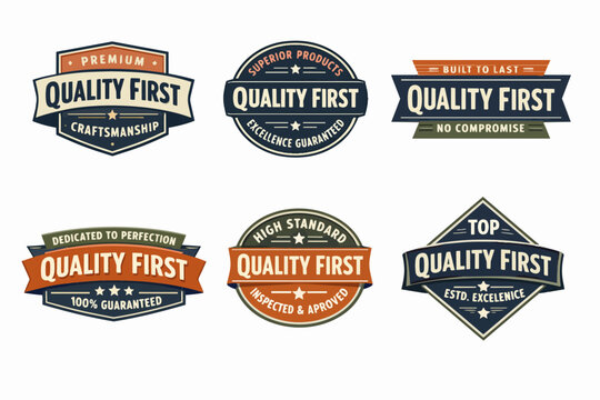 Quality first badges collection set, vintage style labels representing premium craftsmanship and product excellence