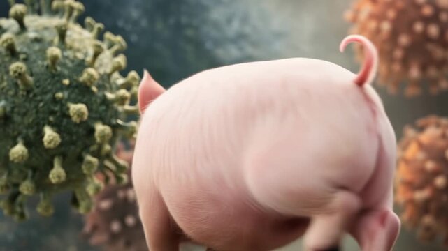 Pig surrounded by virus particles representing swine disease infection and veterinary health research concept