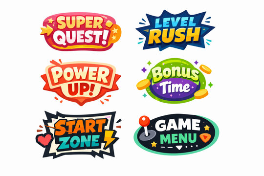 Gaming interface elements with catchy cartoon style text for video games and mobile app development