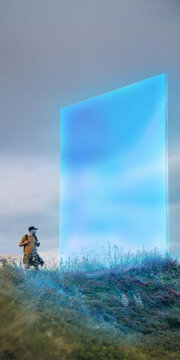 Backpacker approaching blue portal on misty mountain hillside. Concept of exploration and unknown paths for adventure branding, travel advertising and futuristic campaigns.