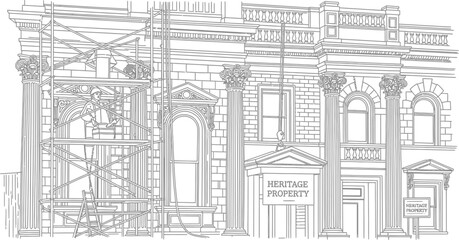Fototapeta premium Historic Building Restoration: Scaffolding on Old Architecture, Classical Columns, Heritage Site