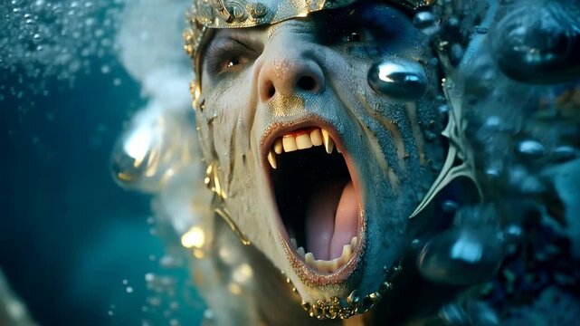 Terrifying underwater sea monster screaming beneath ocean surface in dark fantasy horror scene