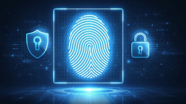 Glowing fingerprint scan with digital security icons representing biometric identity protection technology