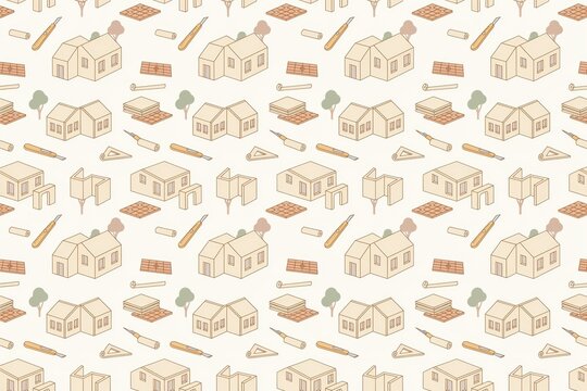 Seamless pattern featuring isometric wooden houses, construction tools, chisels, and small trees on a light background, for architectural concepts