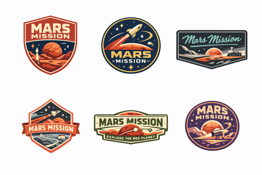 Mars mission patches set, exploring space, journey to the red planet, vintage style logos for interplanetary travel