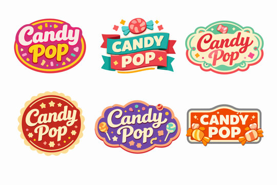 Candy pop logo collection with various sweet designs, colorful badges and labels for confectionery branding
