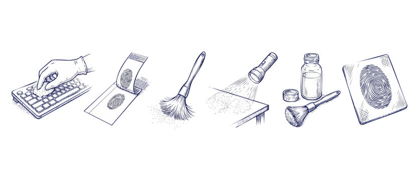 Fingerprint analysis crime scene forensics illustration set showing fingerprinting powder brush, flashlight investigation, evidence tape lift, gloved hand wiping keyboard, and police detective artwork
