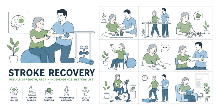Stroke recovery rehabilitation set with 10 icons, medical physical therapy for senior woman, occupational therapy and brain health vector illustrations
