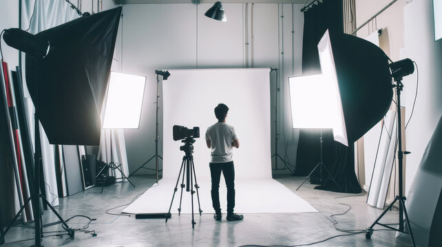 Photographer shooting female model in professional studio