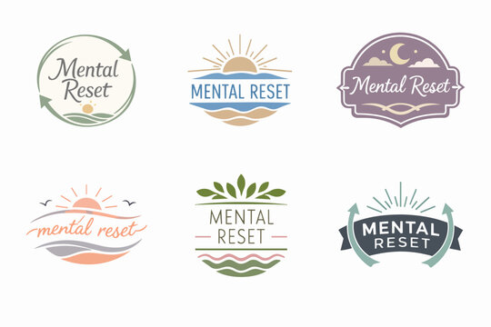 Mental reset logo collection featuring wellness and self-care concepts, incorporating nature elements for tranquility and renewal