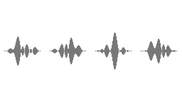 Soundwaves depicted as four distinct gray graphical representations illustrate modern audio data processing techniques while providing ample copy space for creative designers to utilize within.