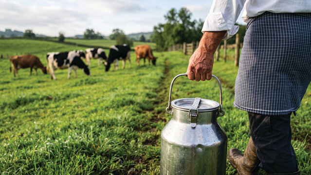 Farmer Carrying Metal Milk Can in Green Pasture with Dairy Cows
