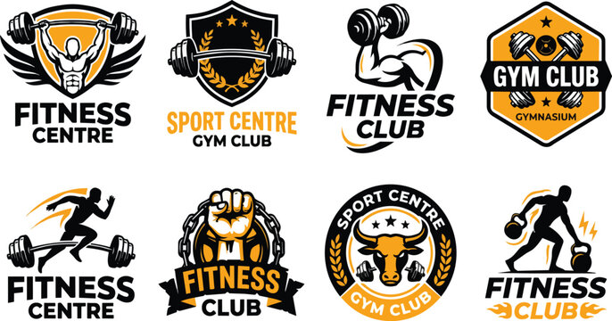 Set of professional fitness club logo badge designs featuring weights and athletic symbols on transparent background