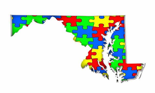 Maryland MD State Map Autism Puzzle Pieces Awareness Autistic Symbol Spectrum 3d Illustration