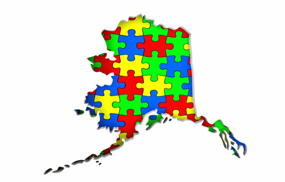 Alaska AK State Map Autism Puzzle Pieces Awareness Autistic Symbol Spectrum 3d Illustration