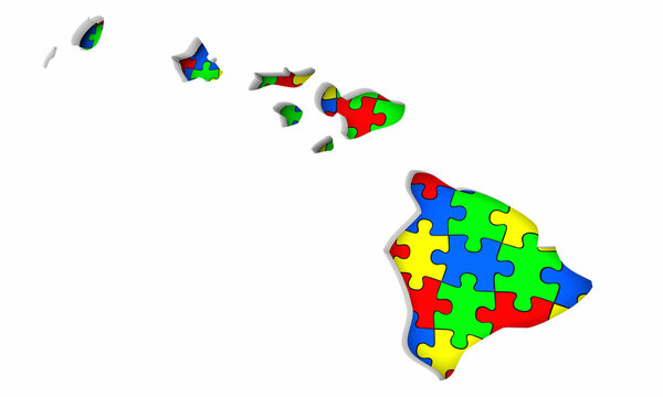 Hawaii HI State Map Autism Puzzle Pieces Awareness Autistic Symbol Spectrum 3d Illustration