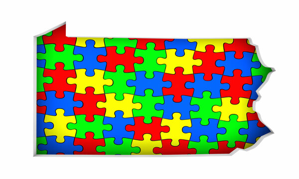 Pennsylvania PA State Map Autism Puzzle Pieces Awareness Autistic Symbol Spectrum 3d Illustration