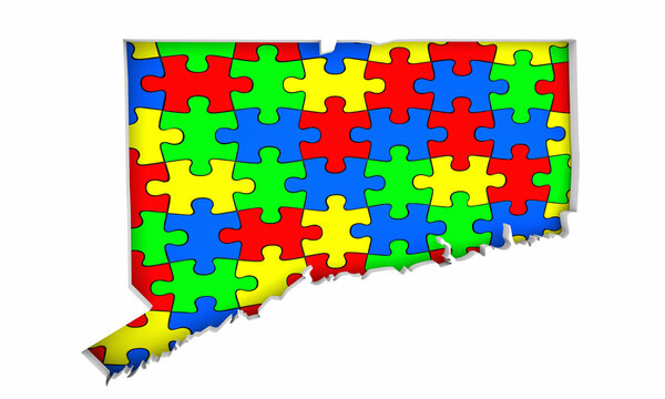 Connecticut CT State Map Autism Puzzle Pieces Awareness Autistic Symbol Spectrum 3d Illustration