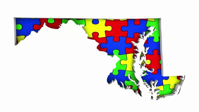 Maryland MD State Map Autism Puzzle Pieces Awareness Autistic Symbol Spectrum 3d Animation