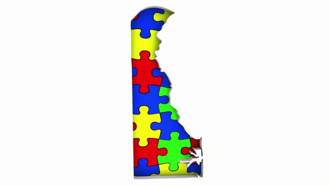 Delaware DE State Map Autism Puzzle Pieces Awareness Autistic Symbol Spectrum 3d Animation
