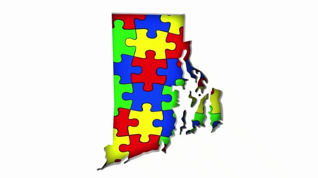 Rhode Island RI State Map Autism Puzzle Pieces Awareness Autistic Symbol Spectrum 3d Animation