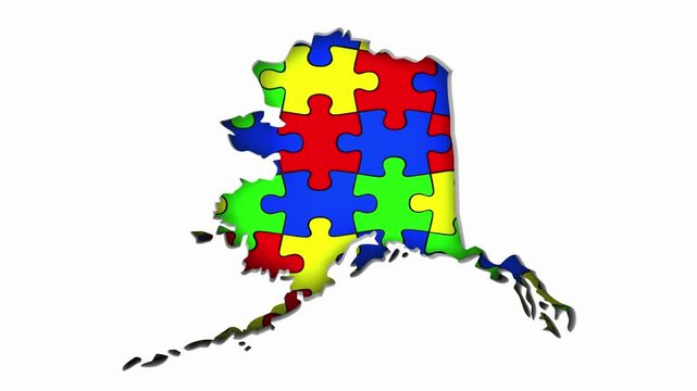 Alaska AK State Map Autism Puzzle Pieces Awareness Autistic Symbol Spectrum 3d Animation