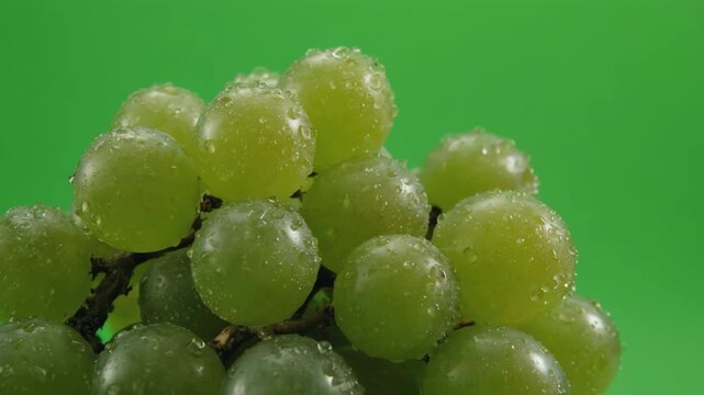 Fresh green grapes arranged in pyramid on chroma key background with subtle camera pan