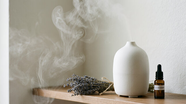 Ceramic essential oil diffuser with lavender and amber bottle.