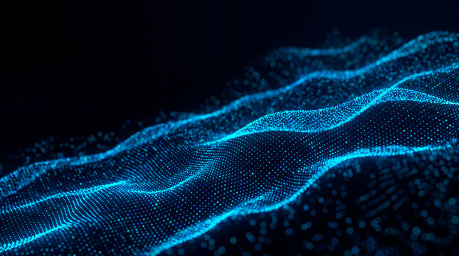 Abstract blue glowing particle dot wave on dark festive Christmas holiday background
